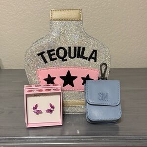 Glitter Tequila Bottle Bag & Betsey Johnson Earrings & Steve Madden clip case